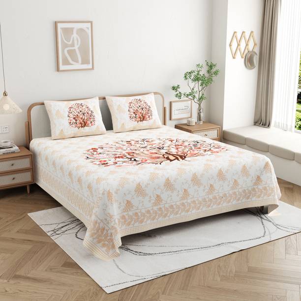 CLOTHOLOGY Cotton Double Flat 240 TC Jaipuri Prints 1 Bedsheet with 2 Pillow Covers