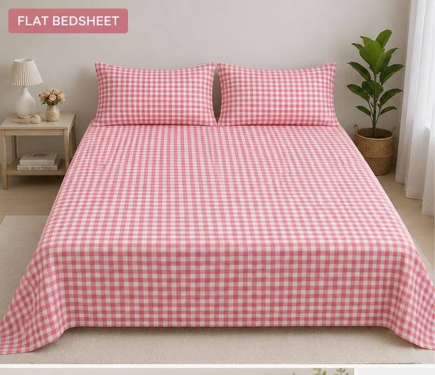 MIGHTYCOZY Cotton Double Flat 220 TC Checkered 1 Bedsheet with 2 Pillow Covers