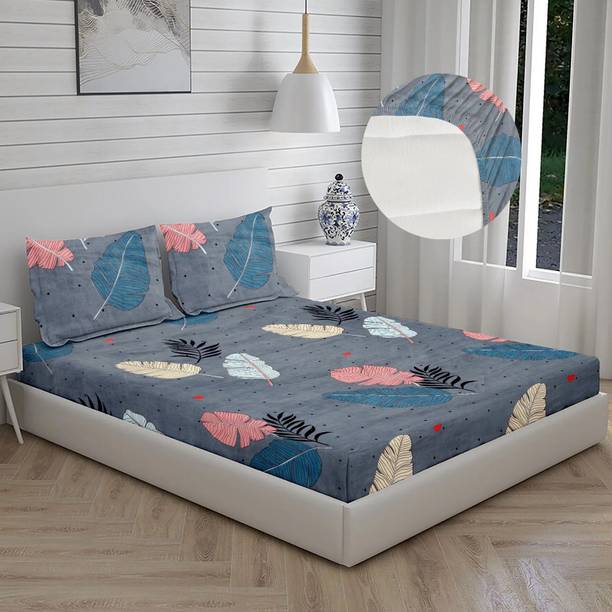 BLUEDOT Microfiber Double Fitted (Elastic) 160 TC Self Design 1 Bedsheet with 2 Pillow Covers