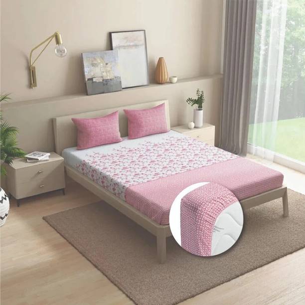 Wakefit Cotton King Fitted (Elastic) 144 TC Printed 1 Bedsheet with 2 Pillow Covers