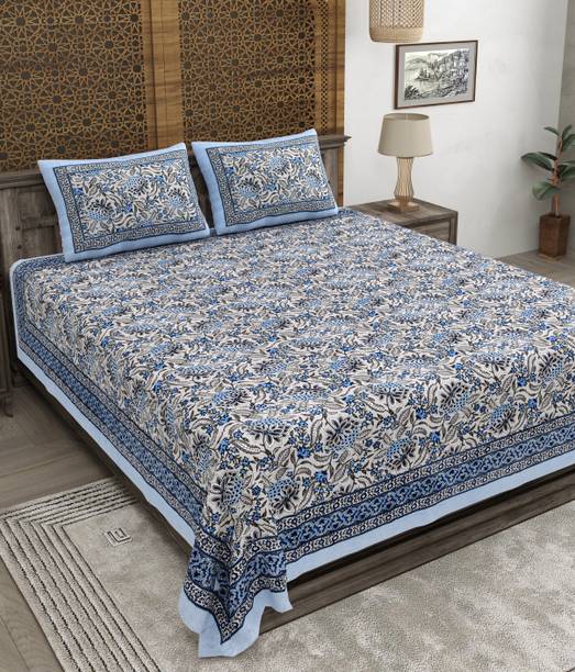 CLOTHOLOGY Cotton King Flat 240 TC Jaipuri Prints 1 Bedsheet with 2 Pillow Covers