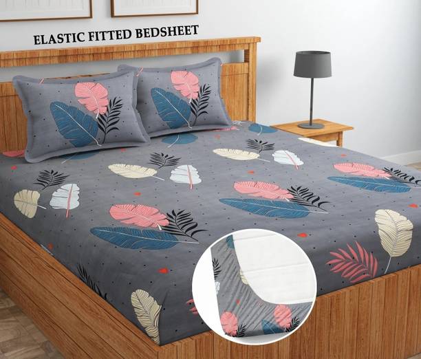 BLUEDOT Cotton King Fitted (Elastic) 255 TC Printed 1 Bedsheet with 2 Pillow Covers