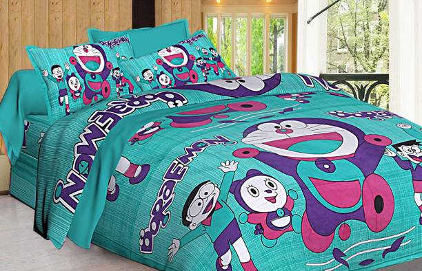 COTTONWALAJ Cotton Double Flat 144 TC Cartoon 1 Summer Bedsheet with 2 Pillow Covers