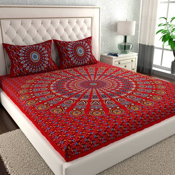CLOTHOLOGY Cotton Double Flat 144 TC Jaipuri Prints Bedsheet