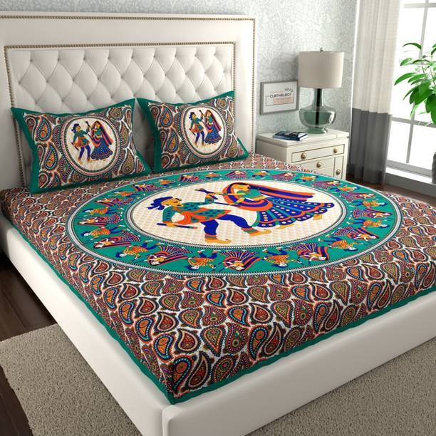 CLOTHOLOGY Cotton Double Flat 144 TC Jaipuri Prints Bedsheet