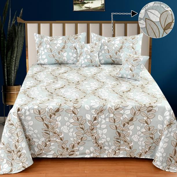 NCS Cotton Double Flat 300 TC Floral 1 Bedsheet with 2 Pillow Covers, 2 Cushion Covers