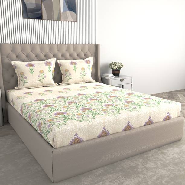 Raymond Home Cotton King Fitted (Elastic) 210 TC Floral 1 Summer Bedsheet with 2 Pillow Covers