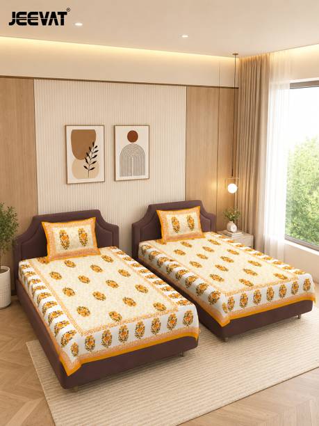 Jeevat Cotton Single Flat 180 TC Jaipuri Prints 2 Summer Bedsheets with 2 Pillow Covers