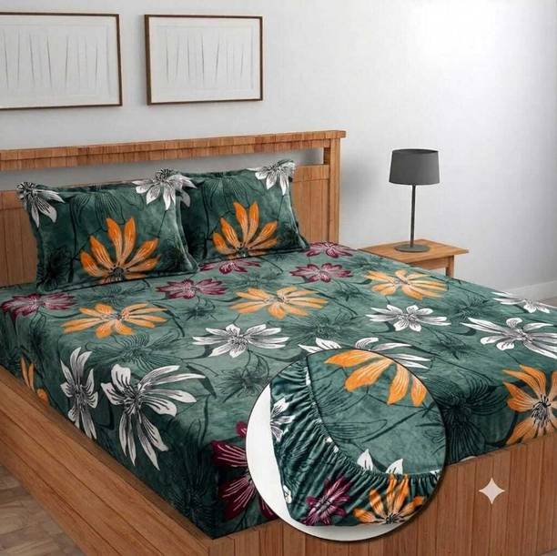 LATHWAL CREATIONS Woolen King Fitted (Elastic) 254 TC Printed 3 Winter Bedsheets with 2 Pillow Covers
