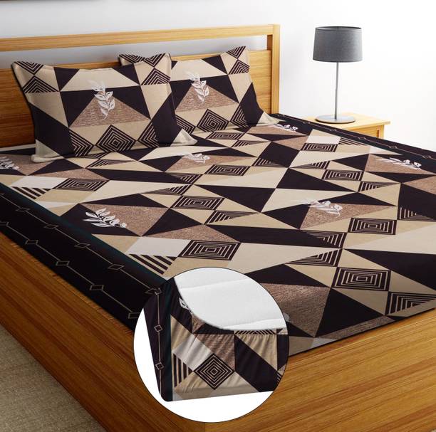 ANIKET Microfiber Double Fitted (Elastic) 180 TC Geometric 1 Bedsheet with 2 Pillow Covers