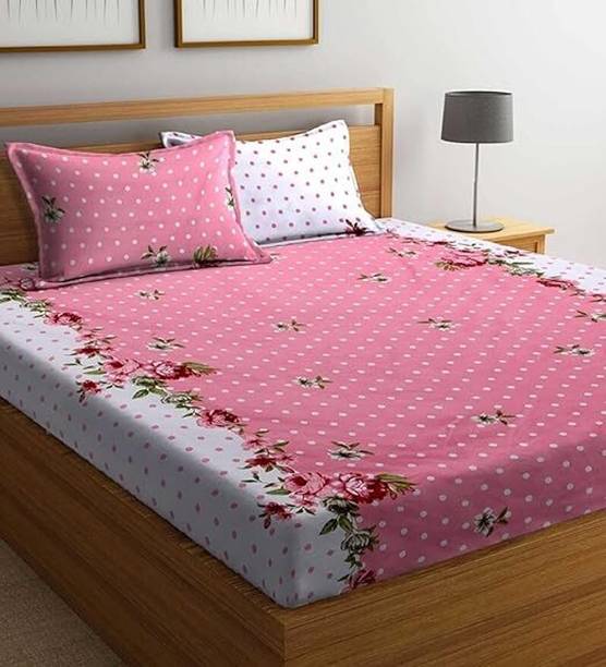 HOMETIC Cotton Double Fitted (Elastic) 320 TC Printed 1 Bedsheet with 2 Pillow Covers