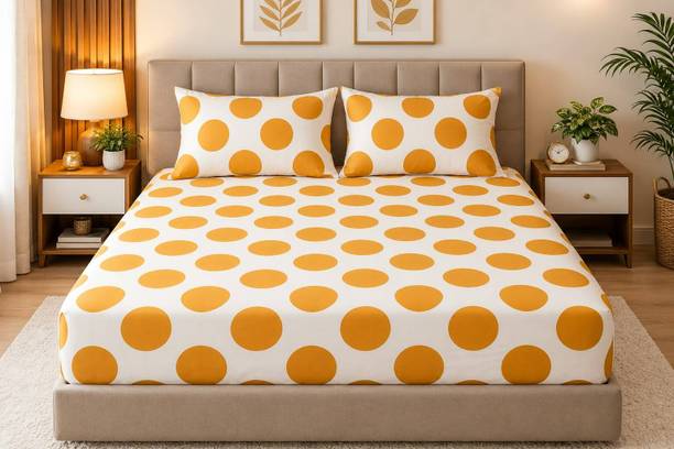 EXFAB Cotton King Fitted (Elastic) 244 TC Printed 1 Summer Bedsheet with 2 Pillow Covers