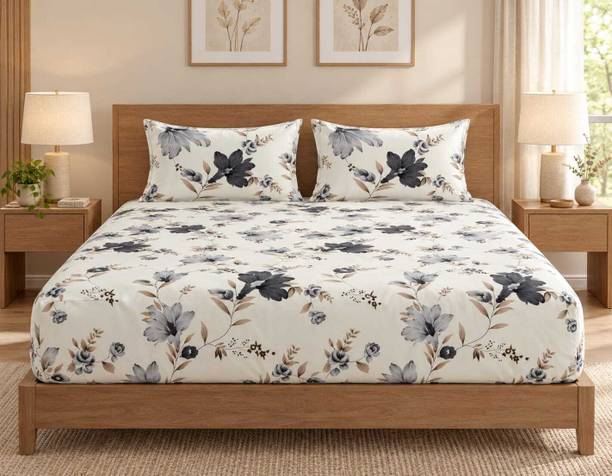 EXFAB Cotton King Fitted (Elastic) 244 TC Printed 1 Summer Bedsheet with 2 Pillow Covers