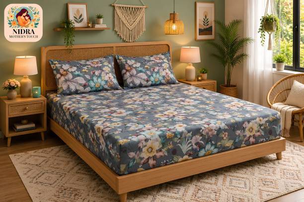 nidra mother's touch Cotton Blend King Fitted (Elastic) 200 TC Floral 1 Summer Bedsheet with 2 Pillow Covers