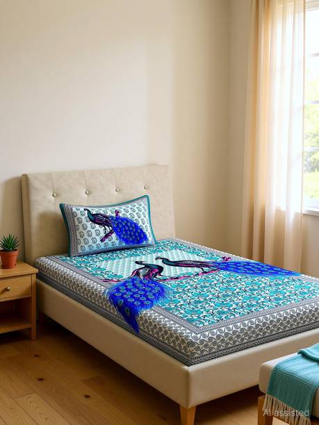 Homeline Cotton Single Flat 144 TC Jaipuri Prints 1 Bedsheet with 2 Pillow Covers
