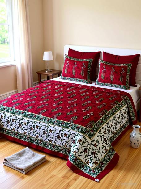 Cosito Cotton Double Flat 144 TC Floral 1 Bedsheet with 2 Pillow Covers