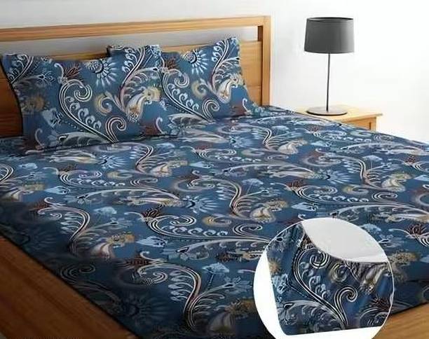 Inayat Handloom Polycotton King Fitted (Elastic) 240 TC Printed 1 Summer Bedsheet with 2 Pillow Covers