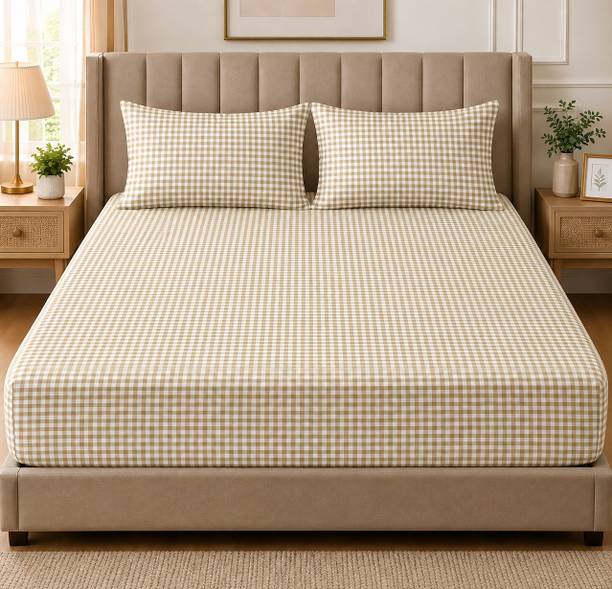 Amrange Cotton Double Fitted (Elastic) 210 TC Checkered 1 Bedsheet with 2 Pillow Covers