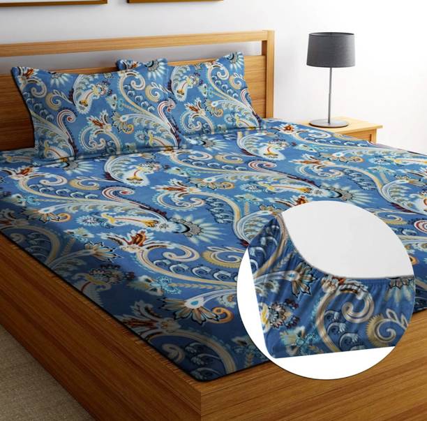 RisingStar Cotton Double Fitted (Elastic) 250 TC Striped 1 Bedsheet with 2 Pillow Covers