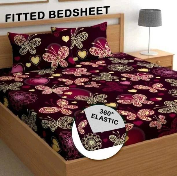 anantya Cotton Double Fitted (Elastic) 250 TC Printed 1 Bedsheet with 2 Pillow Covers