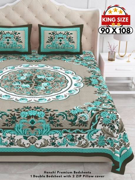HANSHI Cotton King Flat 260 TC Jaipuri Prints 1 Bedsheet with 2 Pillow Covers