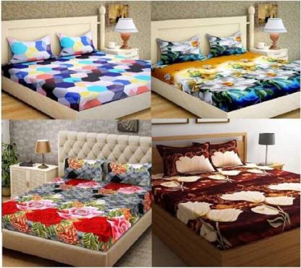 SHD Microfiber Double Flat 155 TC 3D Printed 4 Bedsheets with 8 Pillow Covers