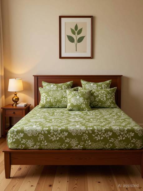 Linen & Loom Cotton Blend King Fitted (Elastic) 200 TC Floral 1 Bedsheet with 2 Pillow Covers