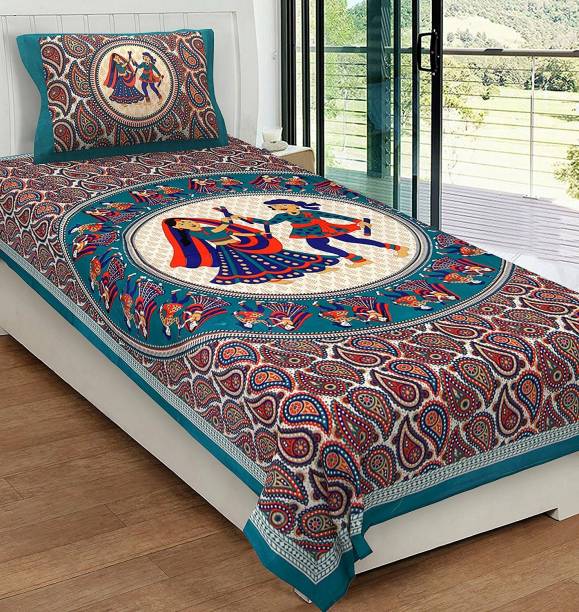 Traditional Collection 140 TC Cotton Single Jaipuri Prints Flat Bedsheet