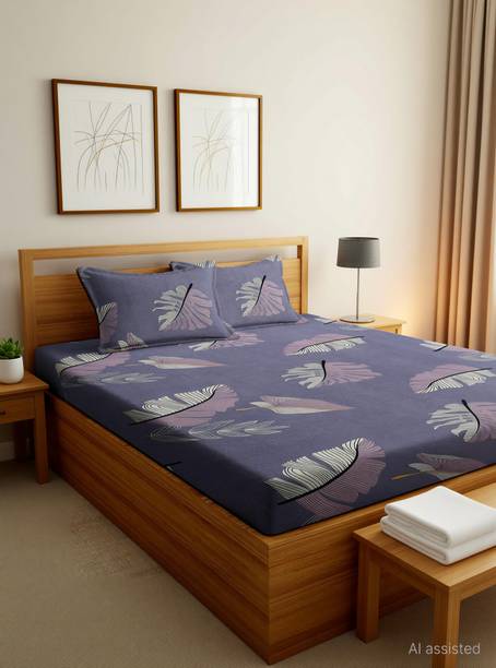 ANIKET Cotton Double Fitted (Elastic) 204 TC Printed 1 Bedsheet with 2 Pillow Covers