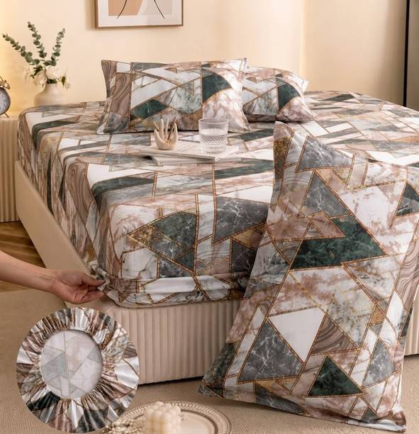 Laughing buddha Cotton King Fitted (Elastic) 242 TC Printed 1 Summer Bedsheet with 2 Pillow Covers