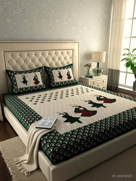 LA VERNE Cotton Double Flat 144 TC Jaipuri Prints 1 Bedsheet with 2 Pillow Covers