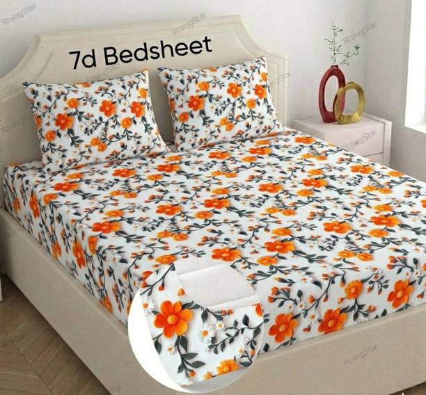 RisingStar Microfiber King Fitted (Elastic) 250 TC Printed 1 Summer Bedsheet with 2 Pillow Covers