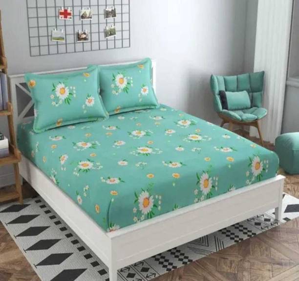 Exotic Cotton Double Fitted (Elastic) 104 TC Printed 1 Bedsheet with 2 Pillow Covers
