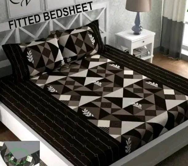 Kanika Cotton Double Fitted (Elastic) 230 TC Printed 1 AC Bedsheet with 2 Pillow Covers