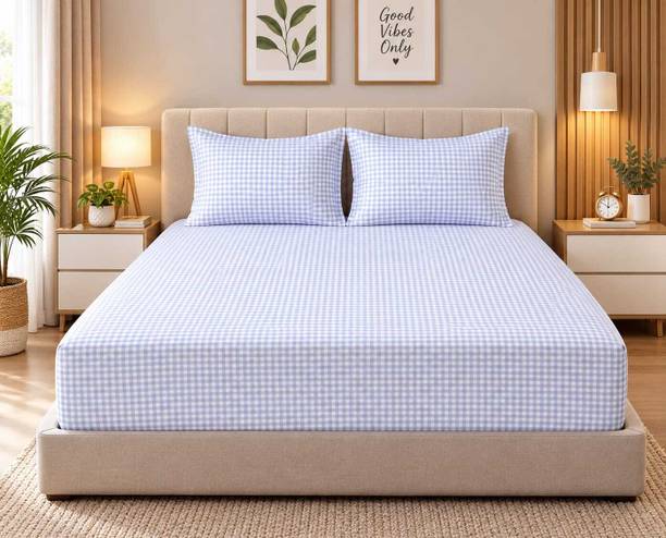 EXFAB Cotton King Fitted (Elastic) 244 TC Printed 1 Summer Bedsheet with 2 Pillow Covers