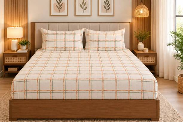 EXFAB Cotton King Fitted (Elastic) 244 TC Printed 1 Summer Bedsheet with 2 Pillow Covers