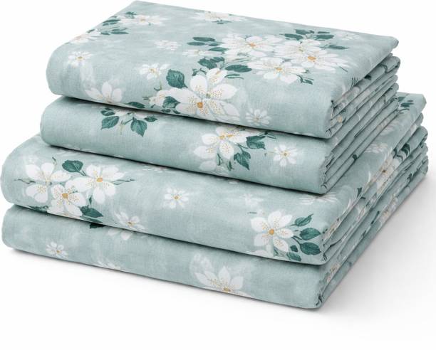 PILLOWALA Cotton Super King, Queen, Double, King Flat 200 TC Printed 1 Summer Bedsheet with 2 Pillow Covers