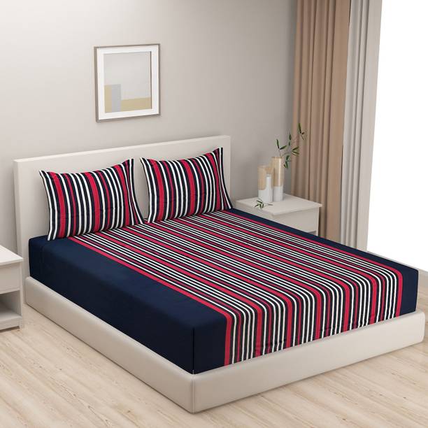 SWAYAM Cotton Double Fitted (Elastic) 180 TC Striped 1 Bedsheet with 2 Pillow Covers