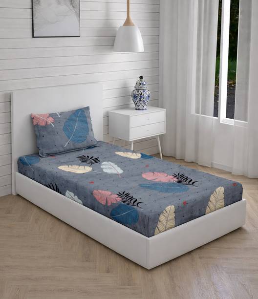 YaAkholic Cotton Single Fitted (Elastic) 260 TC Printed 1 Bedsheet with 2 Pillow Covers