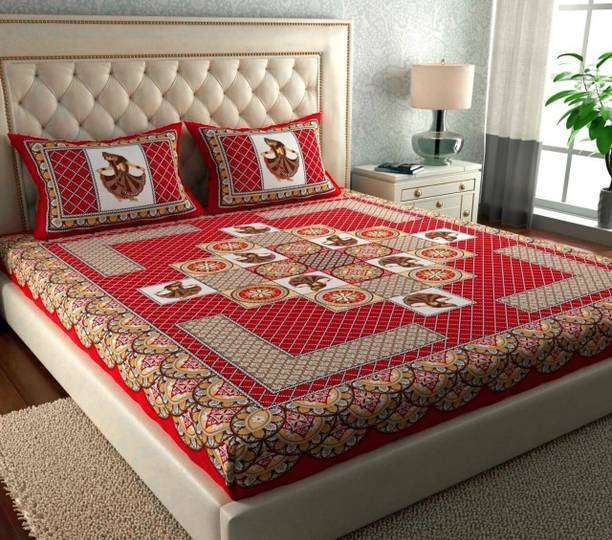 CLOTHOHUB Cotton Double Flat 144 TC Jaipuri Prints 1 Bedsheet with 2 Pillow Covers