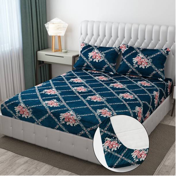 EXFAB Woolen Double Fitted (Elastic) 354 TC Printed Bedsheet