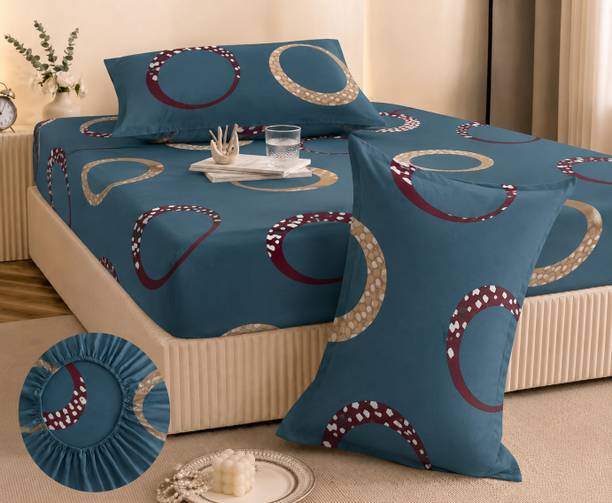 Laughing buddha Cotton King Fitted (Elastic) 242 TC Printed 1 Summer Bedsheet with 2 Pillow Covers