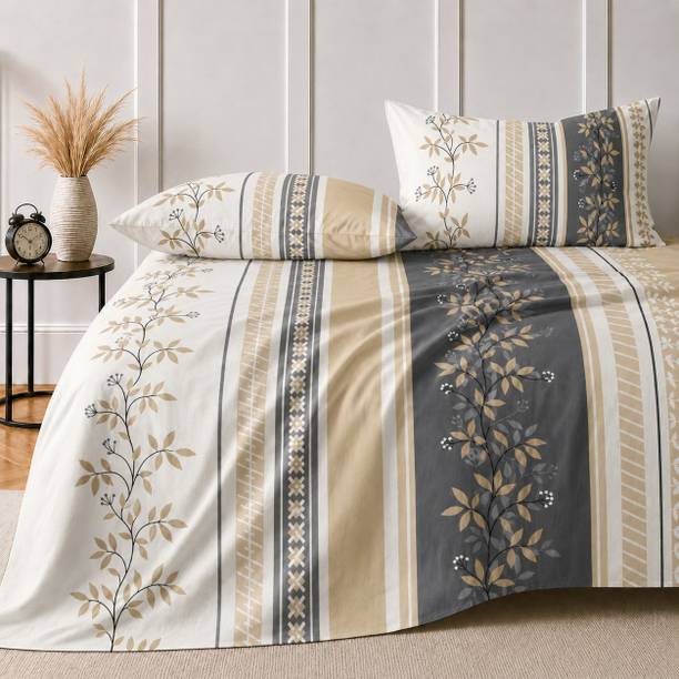 Amrange Cotton Super King Flat 300 TC Floral 1 Bedsheet with 2 Pillow Covers