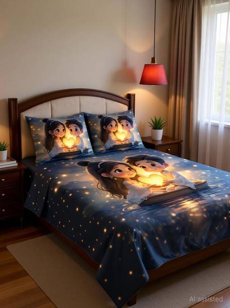 FeatherFold Cotton King Flat 240 TC 7D Digital 1 Summer Bedsheet with 2 Pillow Covers