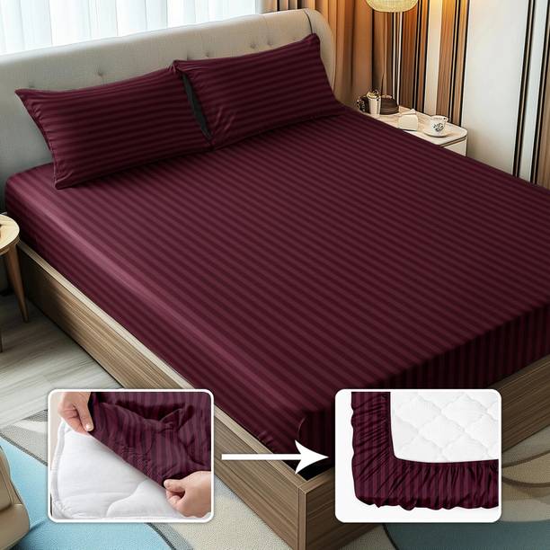 Story@home Microfiber Queen Fitted (Elastic) 300 TC Striped 1 Bedsheet with 2 Pillow Covers