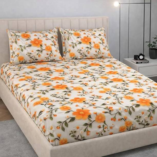 Cotton Double Fitted (Elastic) 350 TC Floral 1 Summer Bedsheet with 2 Pillow Covers