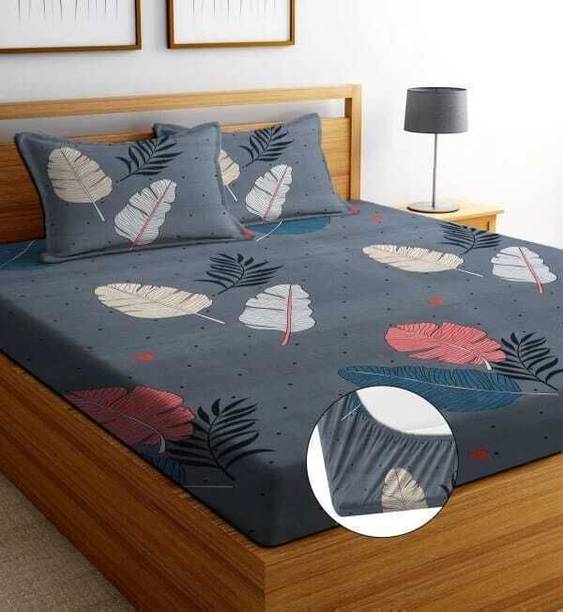 BLUEDOT Cotton King Fitted (Elastic) 244 TC Printed 1 Bedsheet with 2 Pillow Covers