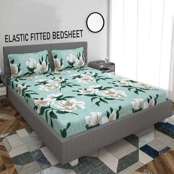 Home Garage Cotton King Fitted (Elastic) 210 TC 3D Printed 1 Bedsheet with 2 Pillow Covers