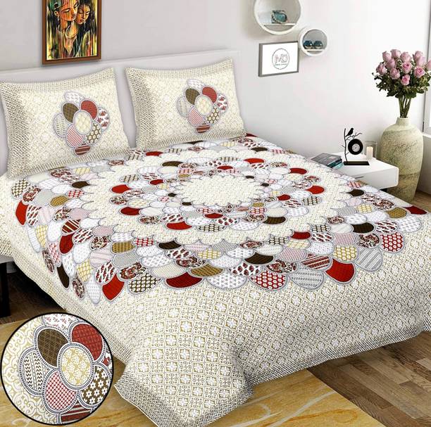 Mohini Dyeing Cotton Double Flat 144 TC Printed 1 Bedsheet with 2 Pillow Covers