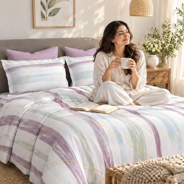 Bombay Dyeing Cotton Double Flat 400 TC Striped 1 Bedsheet with 2 Pillow Covers